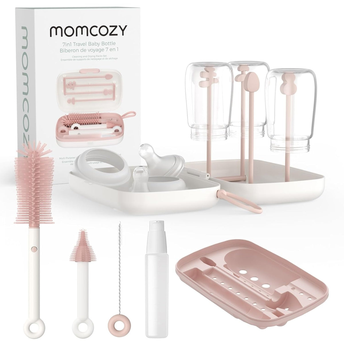 Momcozy Baby Bottle Brush Set 7 in 1 - Pink - All-in-one cleaning solution